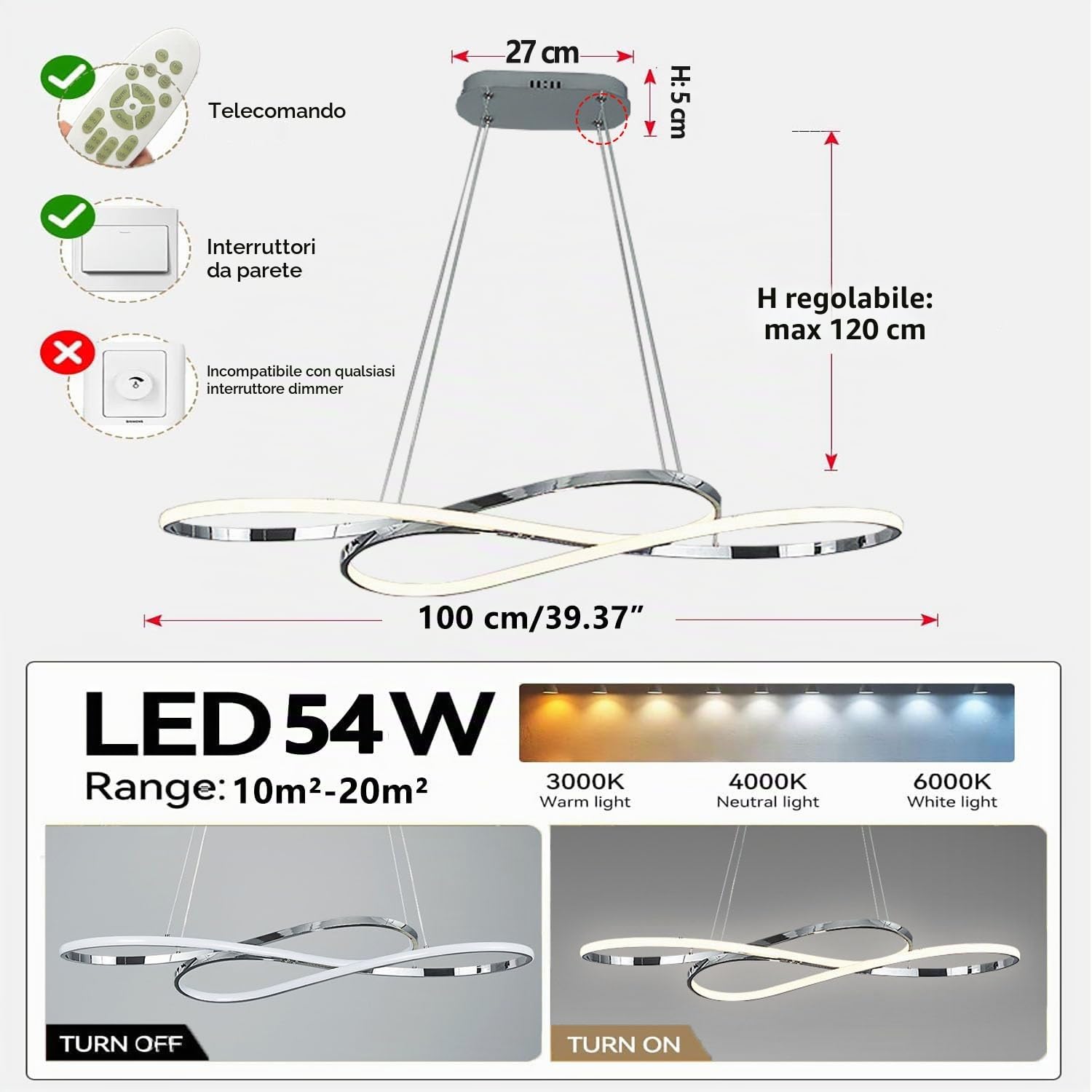 ASJK Lampadario Moderno, luce a sospensione LED dimmerabile con telecomando, lampadari camera da letto, cucina, ristorante, 3000K-6000K, 54W