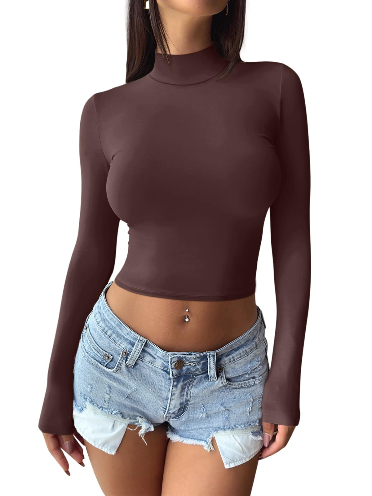 REORIAWomen's Basic Mock Turtle Neck Long Sleeve Lightweight Double Lined Layering Slim Fitted Crop Top