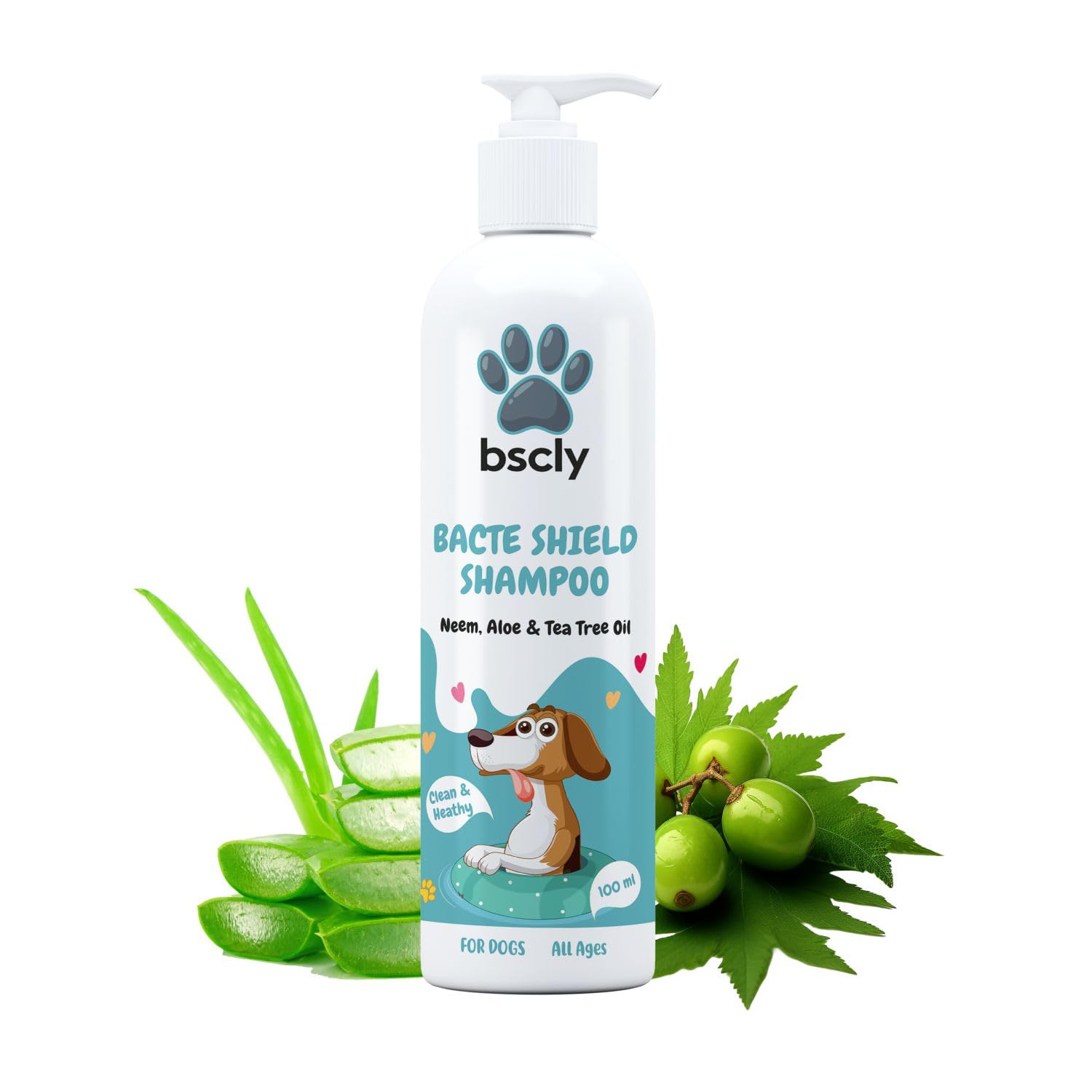 Bscly Bacte Shield Dog Shampoo 100ml | Enriched with Neem, Aloe & Tea Tree Oil | Moisturizes & Heals Skin | Suitable for Pomeranians to Golden Retrievers