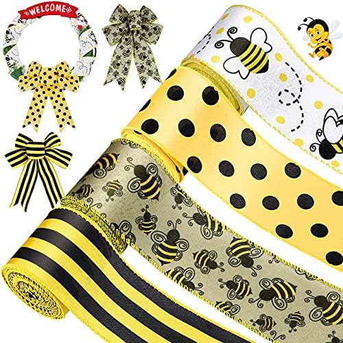 4 Rolls 26 Yard Bee Ribbon Wired Polka Dot Wired Edge Ribbon Bee Vertical Stripe Craft Ribbon Decorative Ribbon for Wrapping, Easter Party Decoration, Hair Bows, Crafting and Sewing (Retro Color)