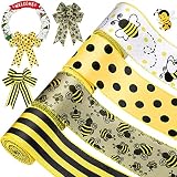 4 Rolls 26 Yard Bee Ribbon Wired Polka Dot Wired Edge Ribbon Bee Vertical Stripe Craft Ribbon Decora