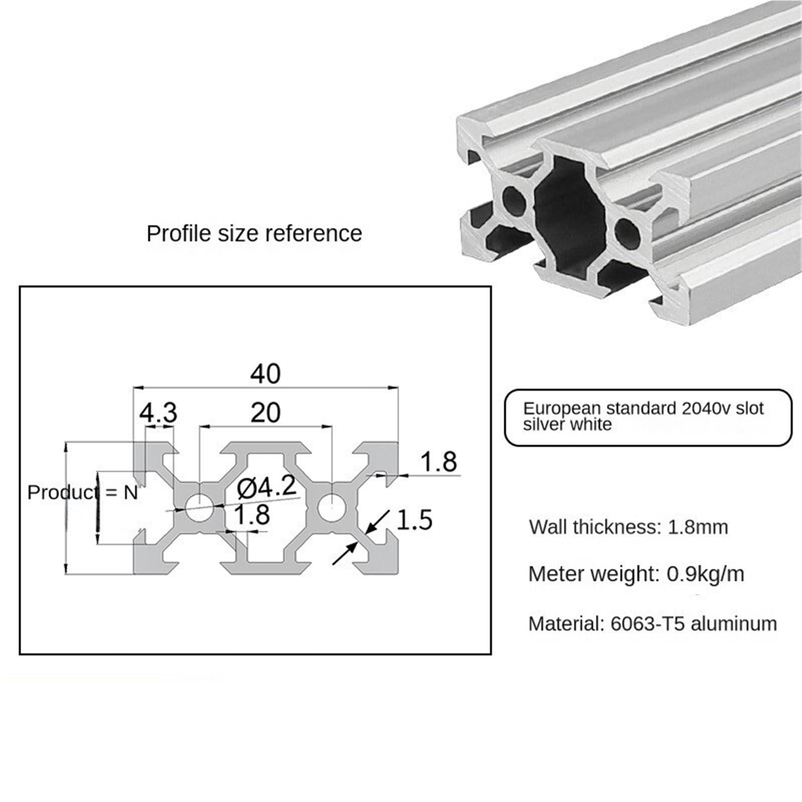 1Pcs 2020 2020N2 2040 2060 2080 20100 4040 4040N2 4080 V Slot Aluminium Profil Eloxiertem Extrudiertem for CNC DIY 3D Drucker(2060V,330mm)