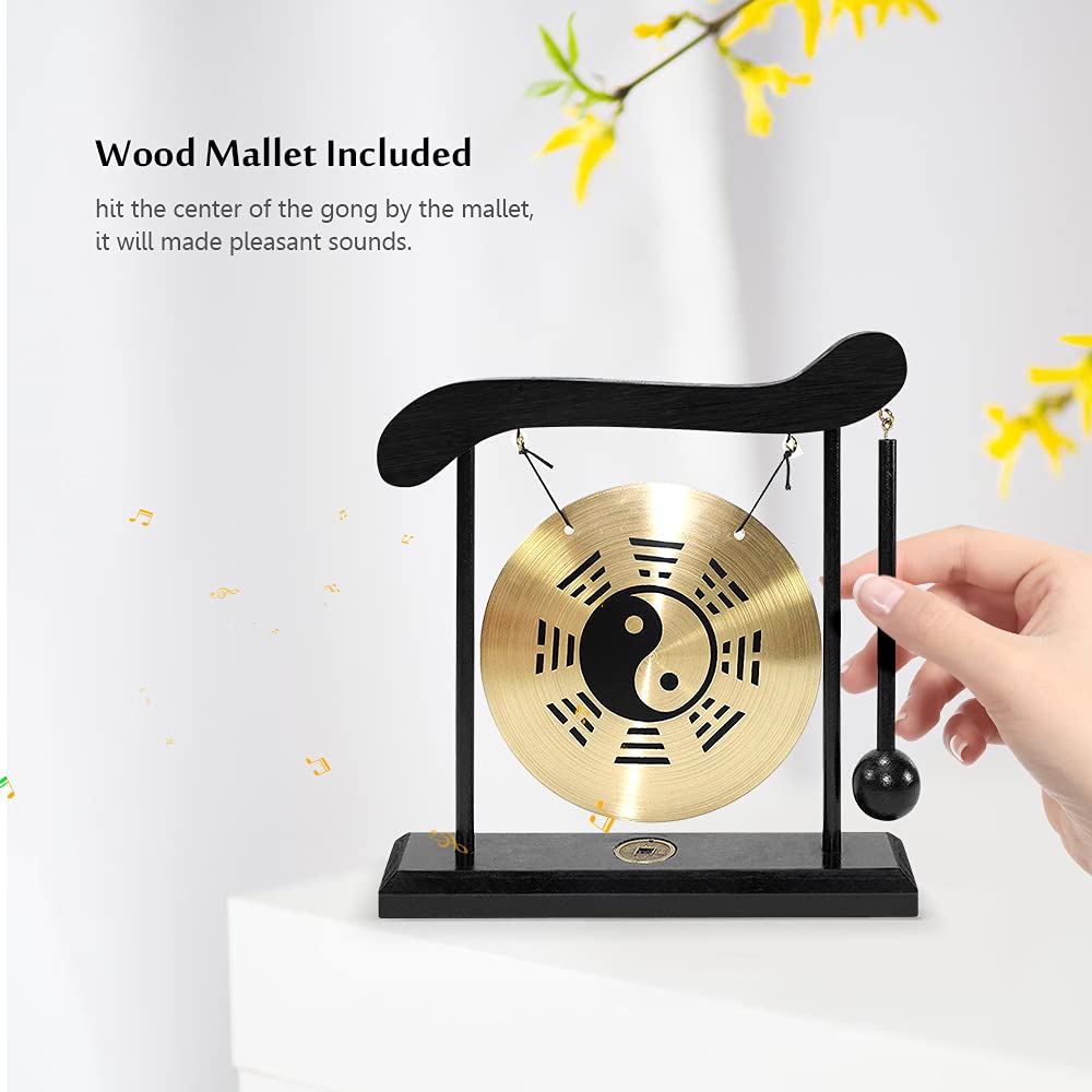 lyrlody Gong Cinese da Tavolo, Colpo di Gong da Tavolo con Base in Legno, Decorazione Zen in Legno e Rame, per il Soggiorno 'ufficio Domestico (Diagramma Bagua)