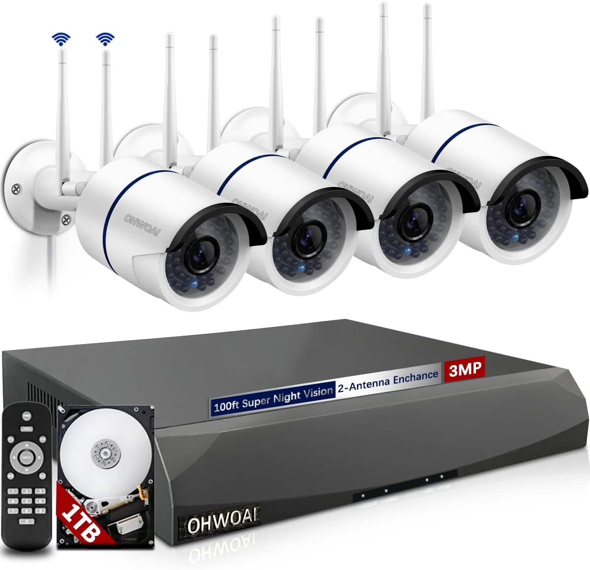 [2-Antenna Signal Enhance & 100 ft Super Night Vision] Outdoor Wireless Security Camera System, WiFi Surveillance Video Camera System, 4pcs 3.0MP IP Cameras, 5MP 8-Channel Wireless NVR