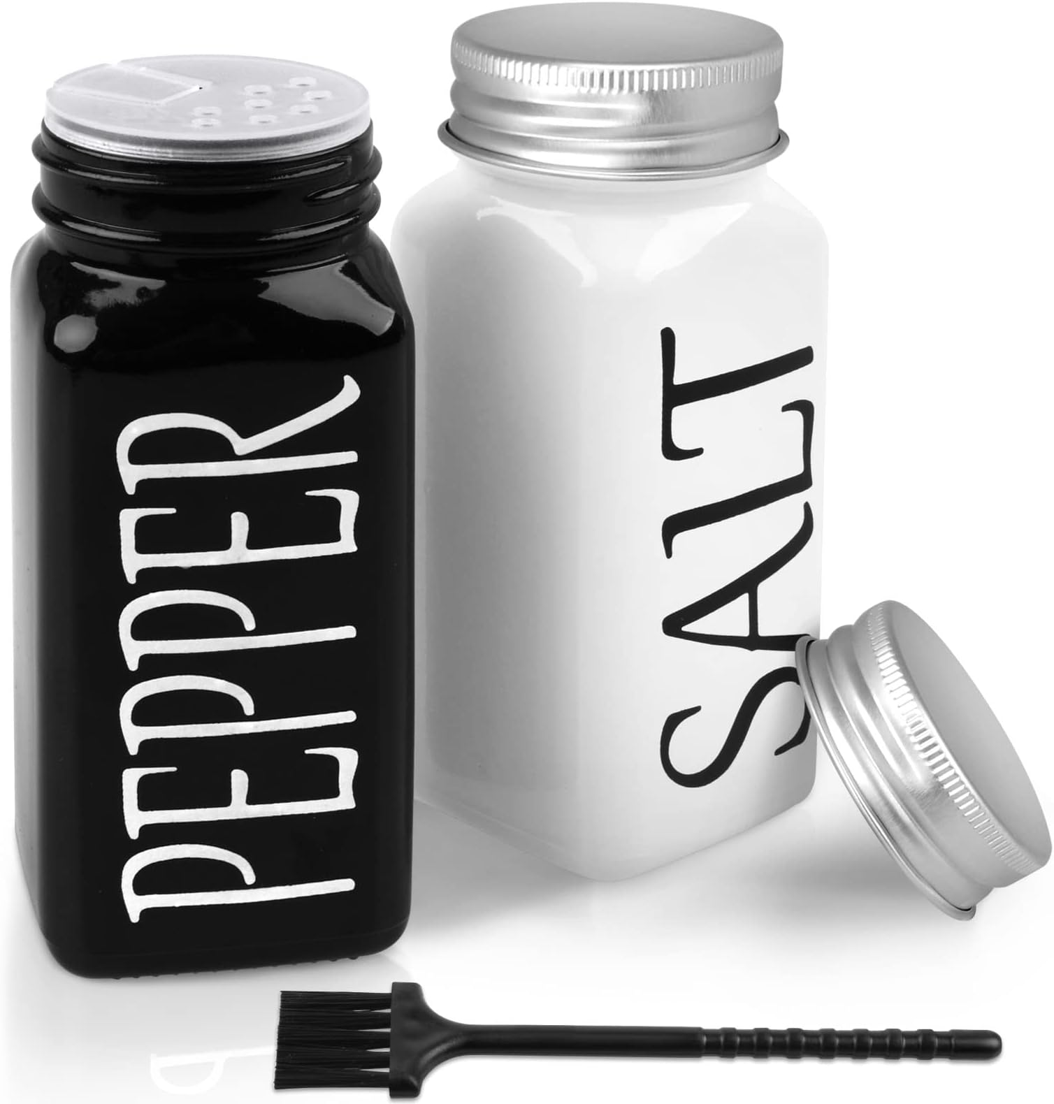 2 Pack Salt and Pepper Shakers Set, Farmhouse Style Salt and Pepper Shakers, Vintage Glass and Stainless Steel Lid (Black and white)