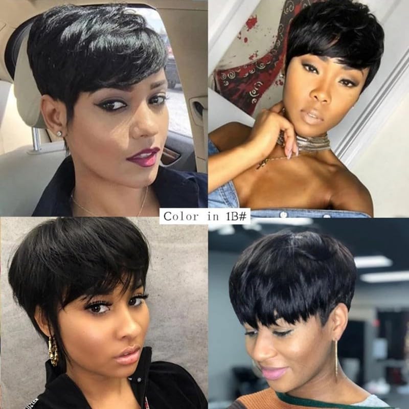 Pixie Cut Real Hair Wigs with Bangs Natural Short Black Layered Wavy Wigs Human Hair for Black Women Breathable Capless Heat Resistant Tangle Free (Black,4inch)