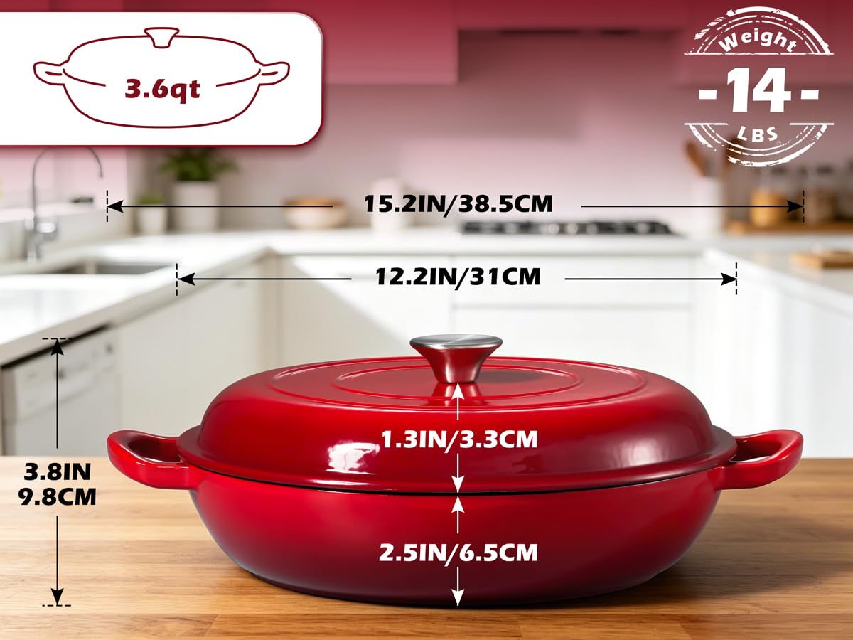 Leonyo Enameled Cast Iron Skillet - 3.6QT Braiser Pan -2 Leonyo Enameled Cast Iron Skillet - 3.6QT Braiser Pan -2