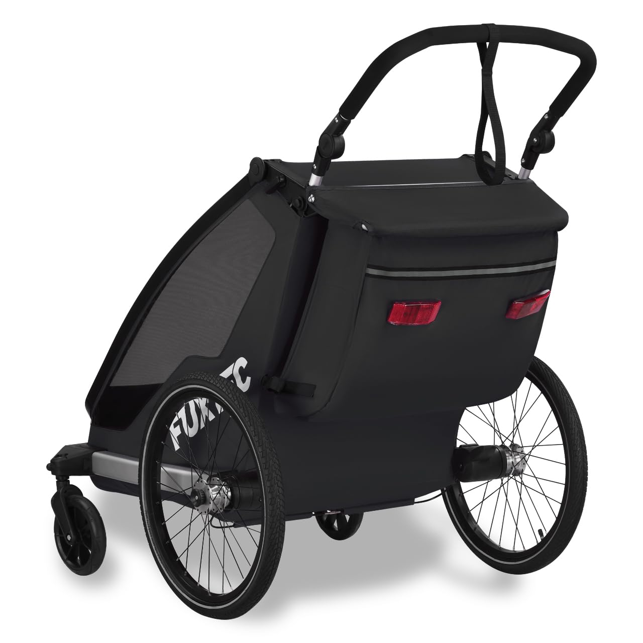 Fuxtec Sport Cruiser 2-en-1 Remorque Vélo, Buggy, Jogger Noir pour 2 Enfants en Aluminium - Pliable avec Protection Pluie et Soleil