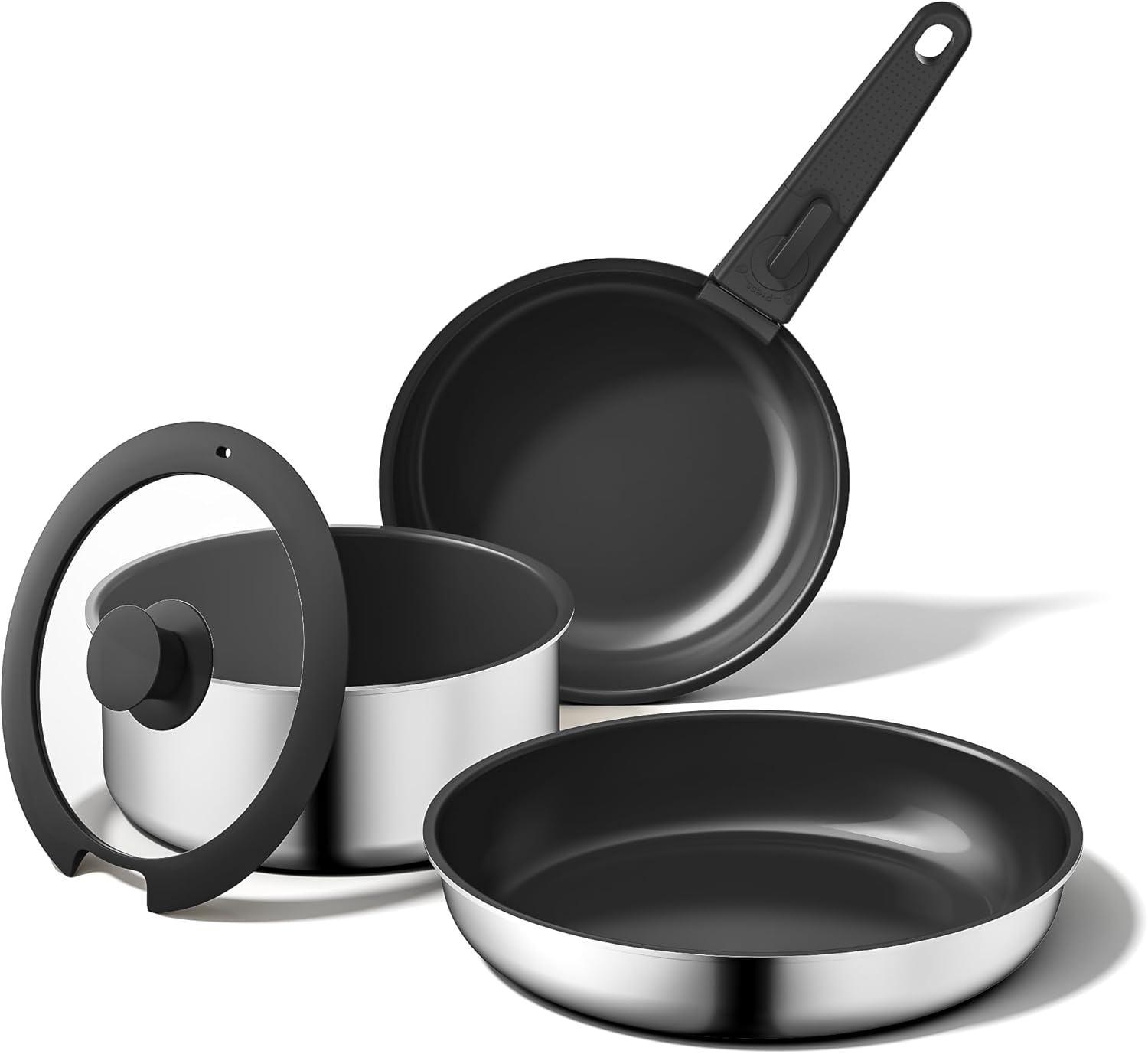 5pcs Nonstick Cookware Set, Diamond-Titanium Ceramic Coating & 3 Layer Stainless Steel Pots and Pans Set with Detachable Handle, Dishwasher Safe, Induction Compatible, Oven Safe, Black