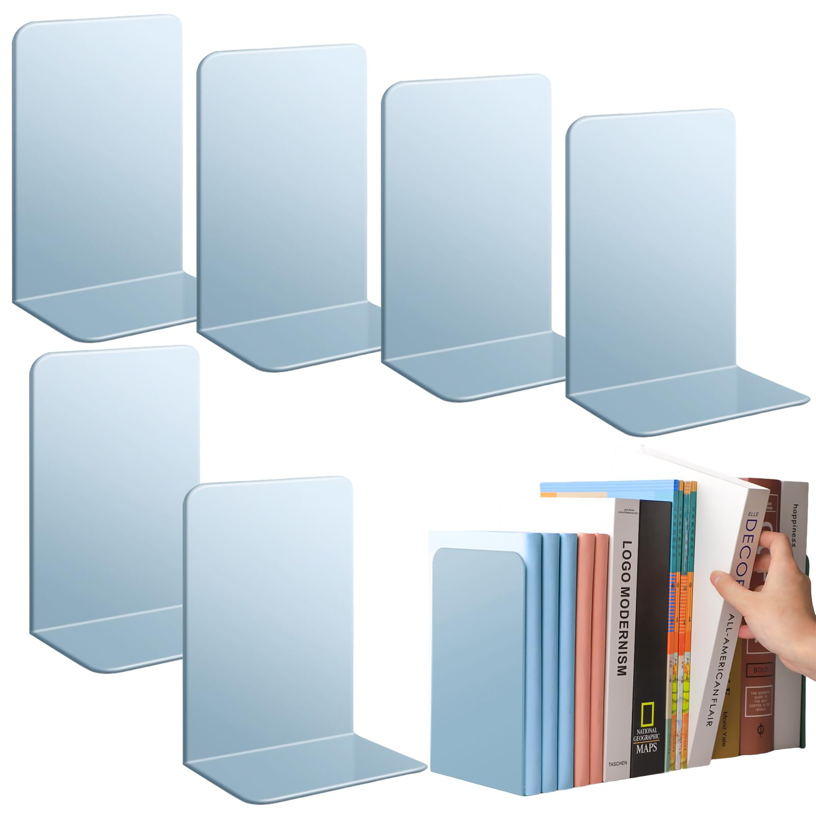 Pasdrucn 3Pcs Decorative Book Ends, Book Ends for Shelves Divider Stopper Holder, Heavy Duty Metal Desk Bookends, Bookends for Shelves, Bookends Heavy Duty for Home, Office, Library (Blue)