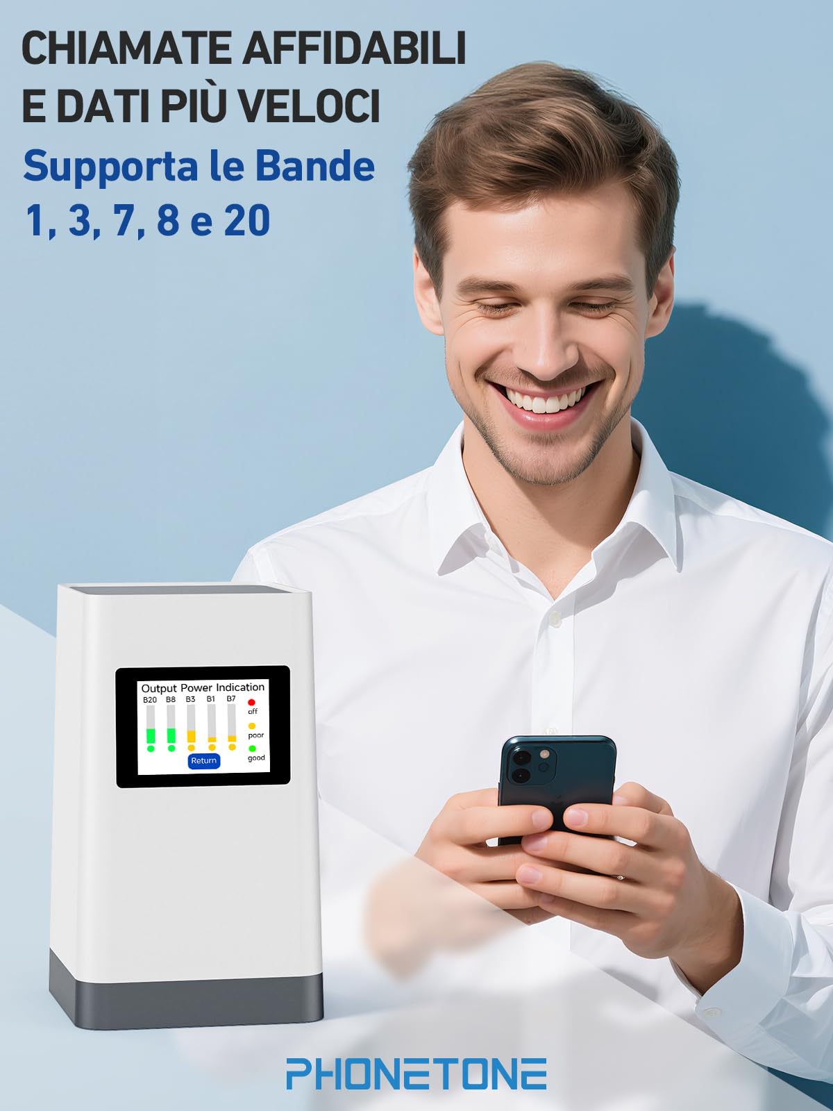 Amplificatore Segnale Cellulare 4G/3G/GSM/LTE - Ripetitore Segnale Cellulare con Antenna Integrata, Bande 1/3/7/8/20, Compatibile con Tutti gli Operatori Italiani