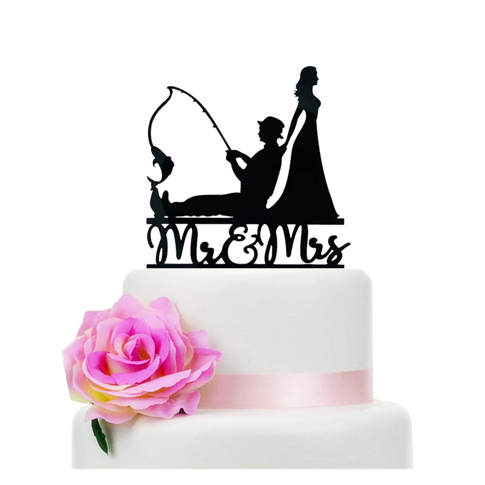 senni home Black Fishing Wedding Cake Topper, Mr & Mrs Wedding Cake Topper, Fishing Theme Wedding/Engagement/Bridal Shower/Anniversary Cake Decoration