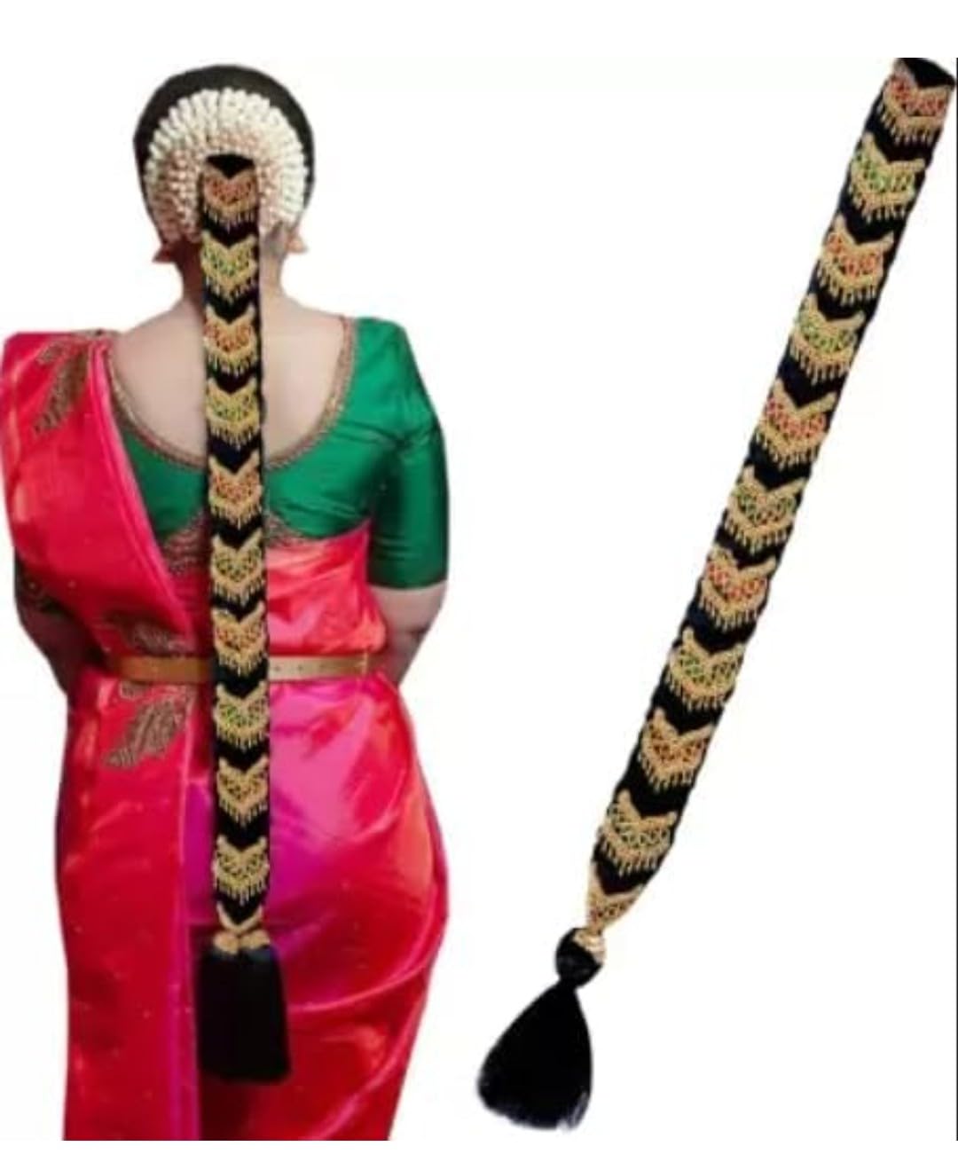Bavisha Maggam work jada Bharatanatyam poola jadalu kunjalam Billalu set braid hair extensions Bridal Wedding Hair Braid|hair extensions for women|maggam work jada (Multi)