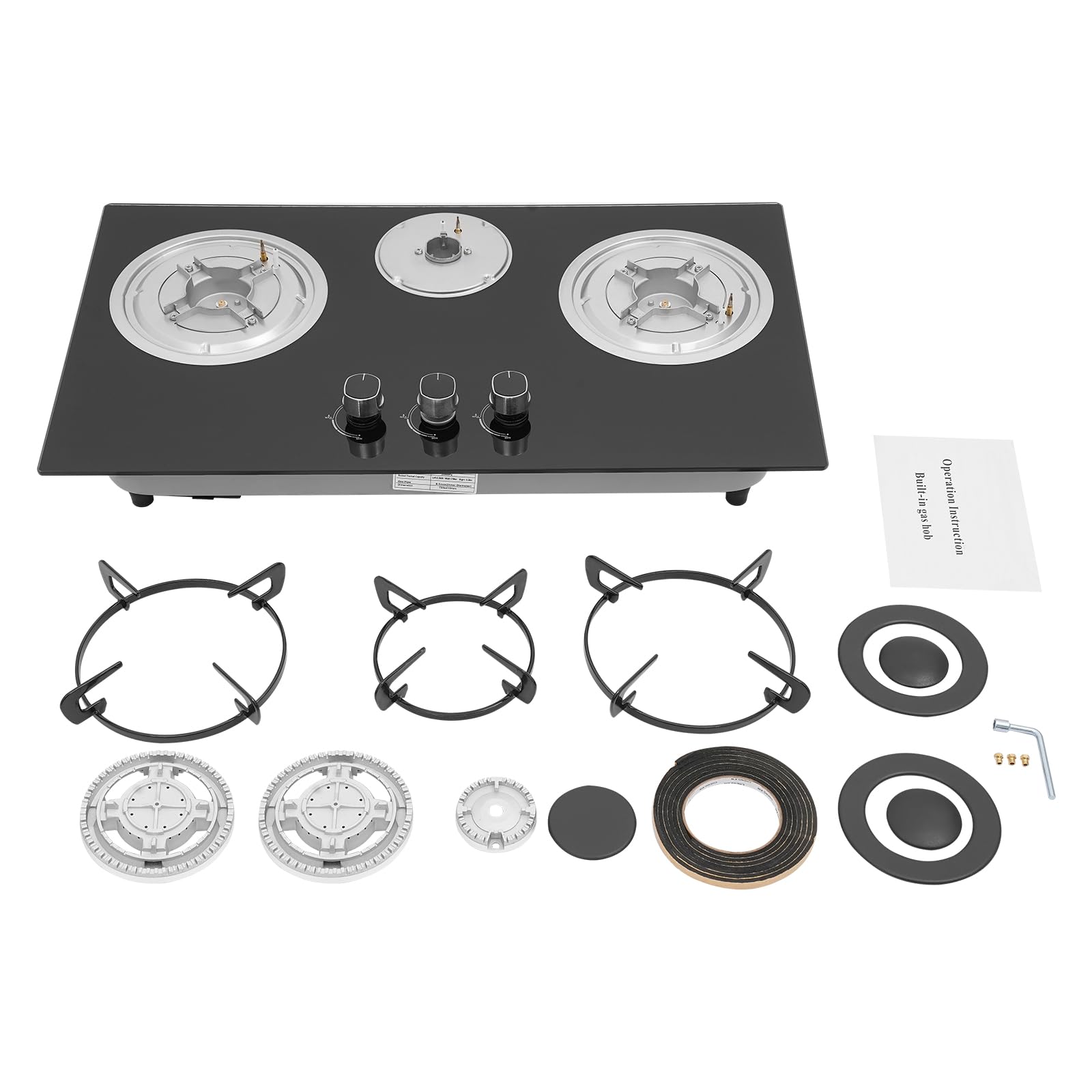 Fornello a gas in vetro da incasso, piano cottura a gas a 3 fuochi Gas Stove, fornello a gas per piani cottura LPG/NG, incluso supporto per pentole, telaio smaltato e testa del forno in alluminio