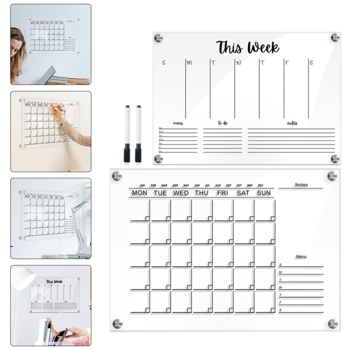 Set da 2 Lavagne Memo in Acrilico Trasparente Cancellabili per Parete, Design Semplice Moderno, per Ufficio e Cucina, Funzione Scrittura e Disegno