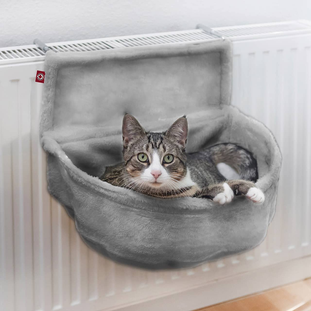 CanadianCat Company | Katzen Kuschelsack für Heizkörper | Grau | Liegemulde mit verstellbaren Bügeln