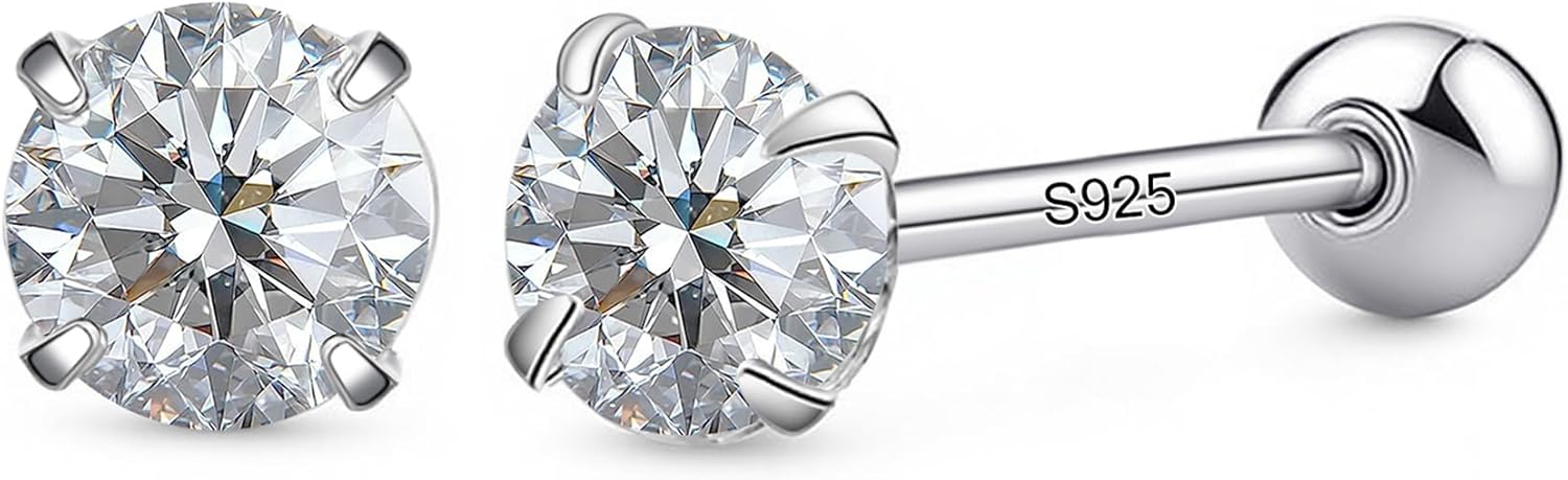 Sereney Sterling Silver Stud Earring for Men 6mm, Valentines Silver Bow Stud Earring 8mm Halo Stud Hypoallergenic Earrings, 5A Cubic Zirconia Earrings CZ Studs Earrings for Girl Women