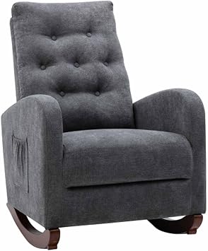 Comfy Rocking Chair Nursery, Padded Rocking Chair with A Pocket, Accent Armchair with High Backrest and Solid Wood Base, Modern Lounge Living Room Chair for Nursery, Dark Grey with Button Deco