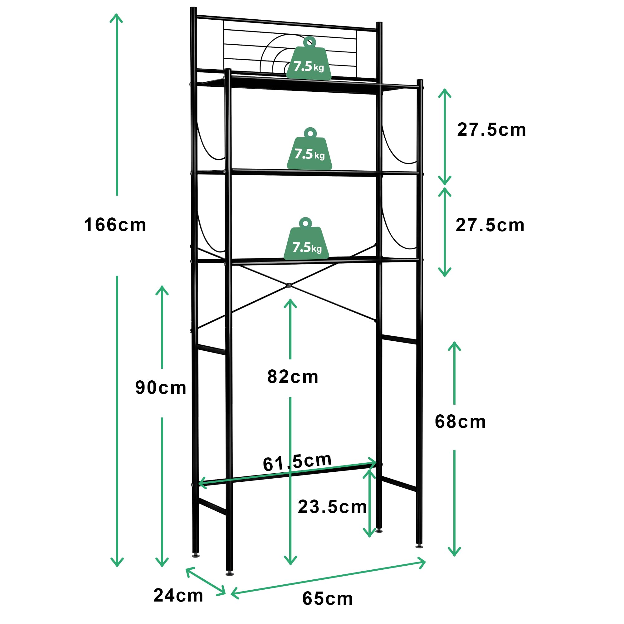 MALLBOO Waschmaschinenregal & Toilettenregal Überbau 65 cm – 3 Ebenen Badregal stehend aus Metall mit X-Stabilisierung – Platzsparender Waschmaschinenschrank & Badezimmer Organizer, Schwarz