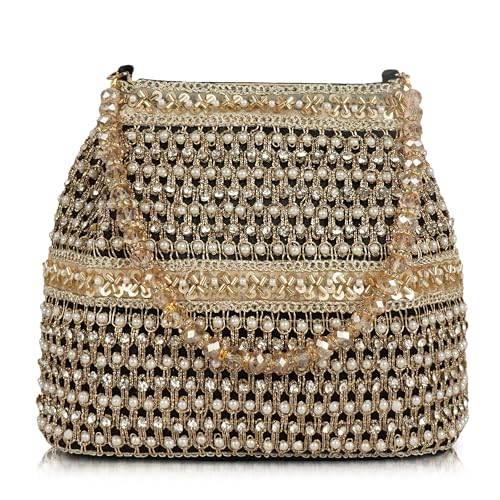 Image of Nevis Silk Fabric Premium Pearl & Crystal Embroidered Potli Bag for Women | Ethnic Bridal Clutch with Golden Handle | Party & Wedding | Potli Bag