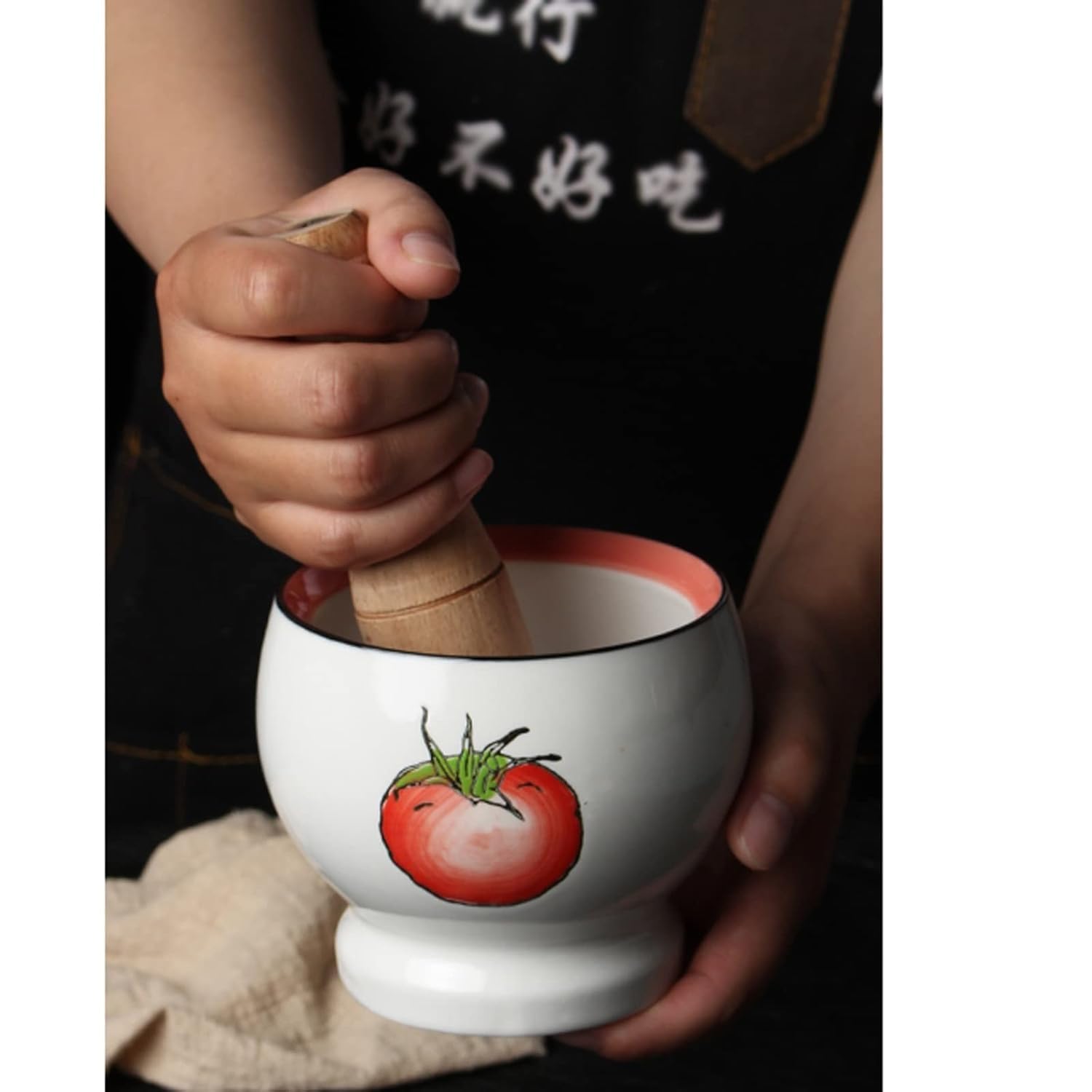 Set con mortaio e pestello in porcellana, macinino for pillole in ceramica con design a pomodoro dipinto a mano(Large)