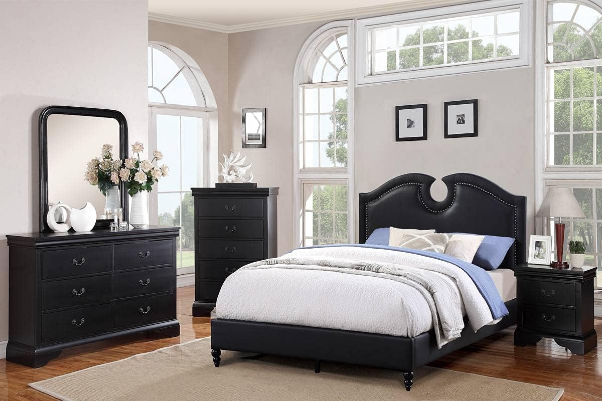 Elvas 4 Pieces Queen Size Bedroom Set in Black Faux Leather