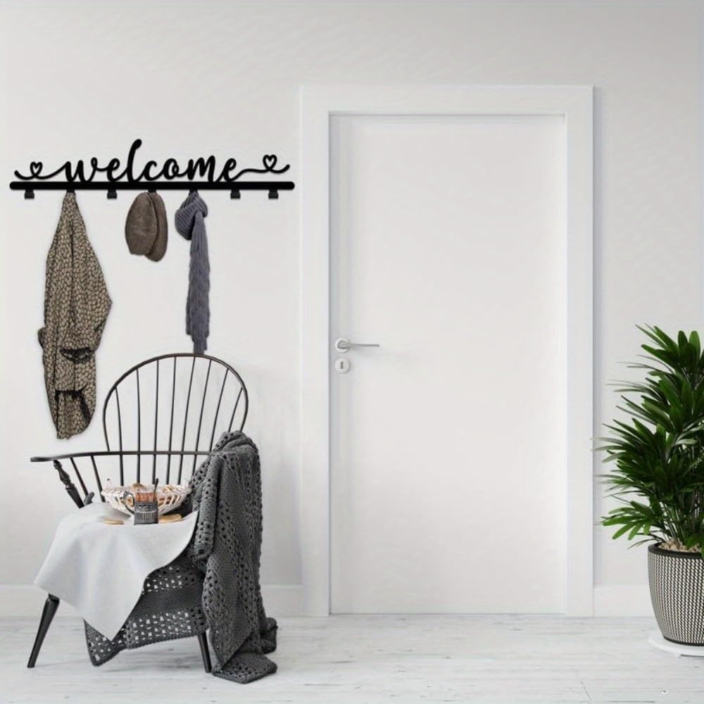 Modern Welcome Sign with Hat Hanger - Stylish Wall Decor Key Rack, 7-Hook Coat Organizer for Entryway, Easy-to-Install Clothing & Jacket Hanger for Home Entrance, Chic Farmhouse Decor