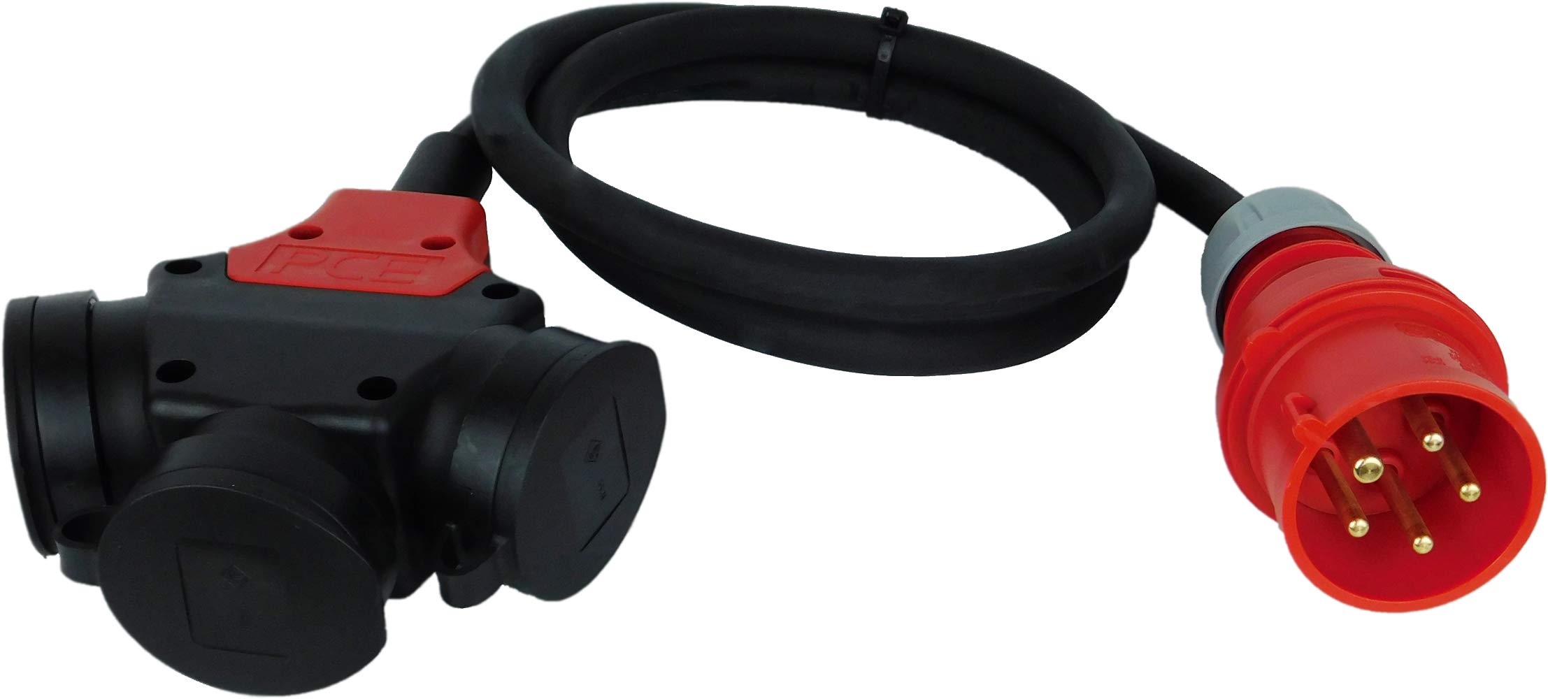NWP Adapter 16A 400V Stecker Starkstrom auf 3x 230V Schuko Kupplung - 1,5 m - IP44-5x2,5mm² Gummischlauchleitung - CEE Stecker 5-polig auf Schuko