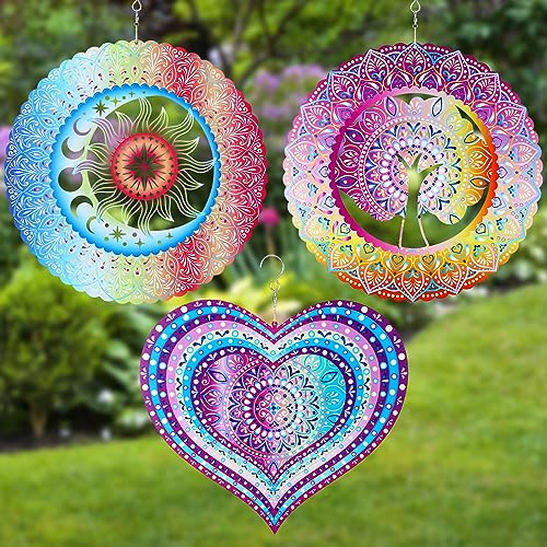 Maitys 3 Pcs Wind Spinner 12 Inch 3D Life Tree Heart Sun Moon for Yard and Garden Stainless Steel Hanging Wind Spinner Outdoor Porch Decor Art Kinetic...