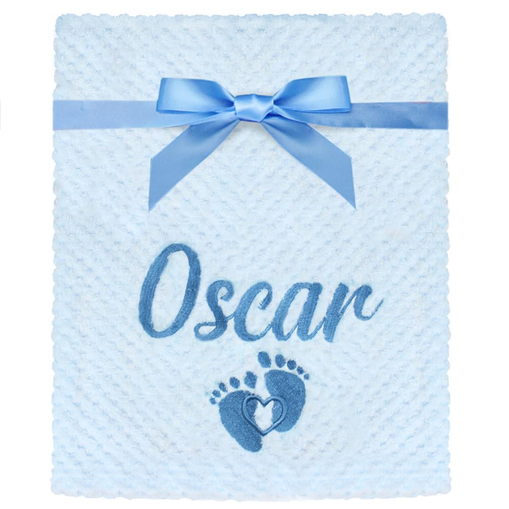 Teddyt's Men's Blue Embroidery Personalised Embroidered Baby Boy's Footprint Blue Fluffy Waffle Blanket