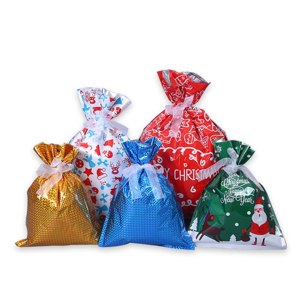 Hongxin LAttice 30pcs Christmas Drawstring Gift Bags with Ribbon Ties, Large Size Gift Wrapping Assorted Styles Gift Bags for Xmas Wrap Gifts，5 Designs and 3 Sizes