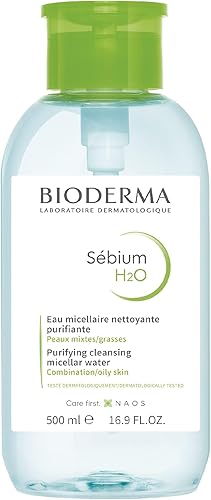 Bioderma Sébium H2O Micellar Water Pump, Cleansing and Makeup Removing Gentle Face Cleanser for Combination to Oily Skin, 16.9 Fl Oz