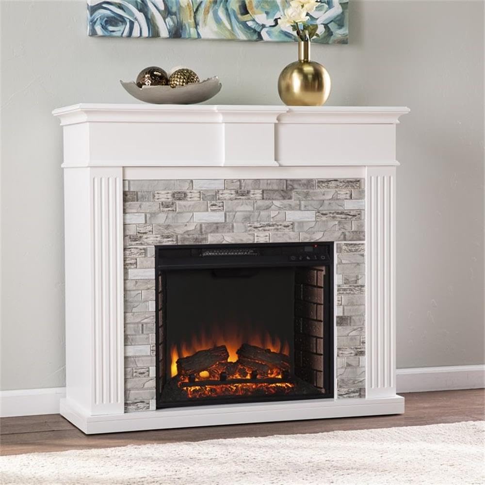 SEI Furniture Bondale Electric Fireplace w/Faux Stone Surround, White