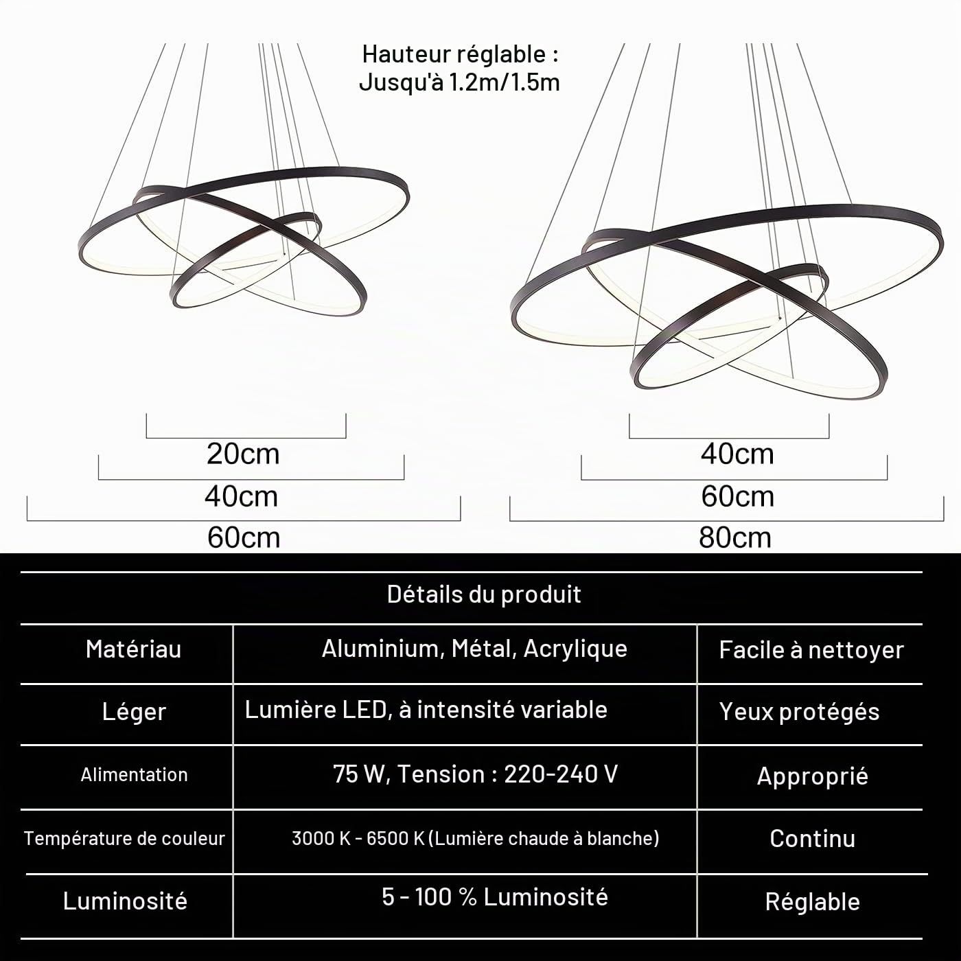 Lustre LED Salon Moderne Suspension Luminaire Noir 115W, Plafonnier Dimmable avec Télécommande, 3 Anneaux Réglable Lustre Suspendu, Decorative Lampe Pour Chambre, Cuisine, Bureau 40+60+80cm