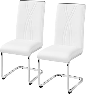 Dining Chairs Set of 2 Modern Kitchen Chairs with Faux Leather Seat and Sturdy Metal Legs for Dining Room, Kitchen, White