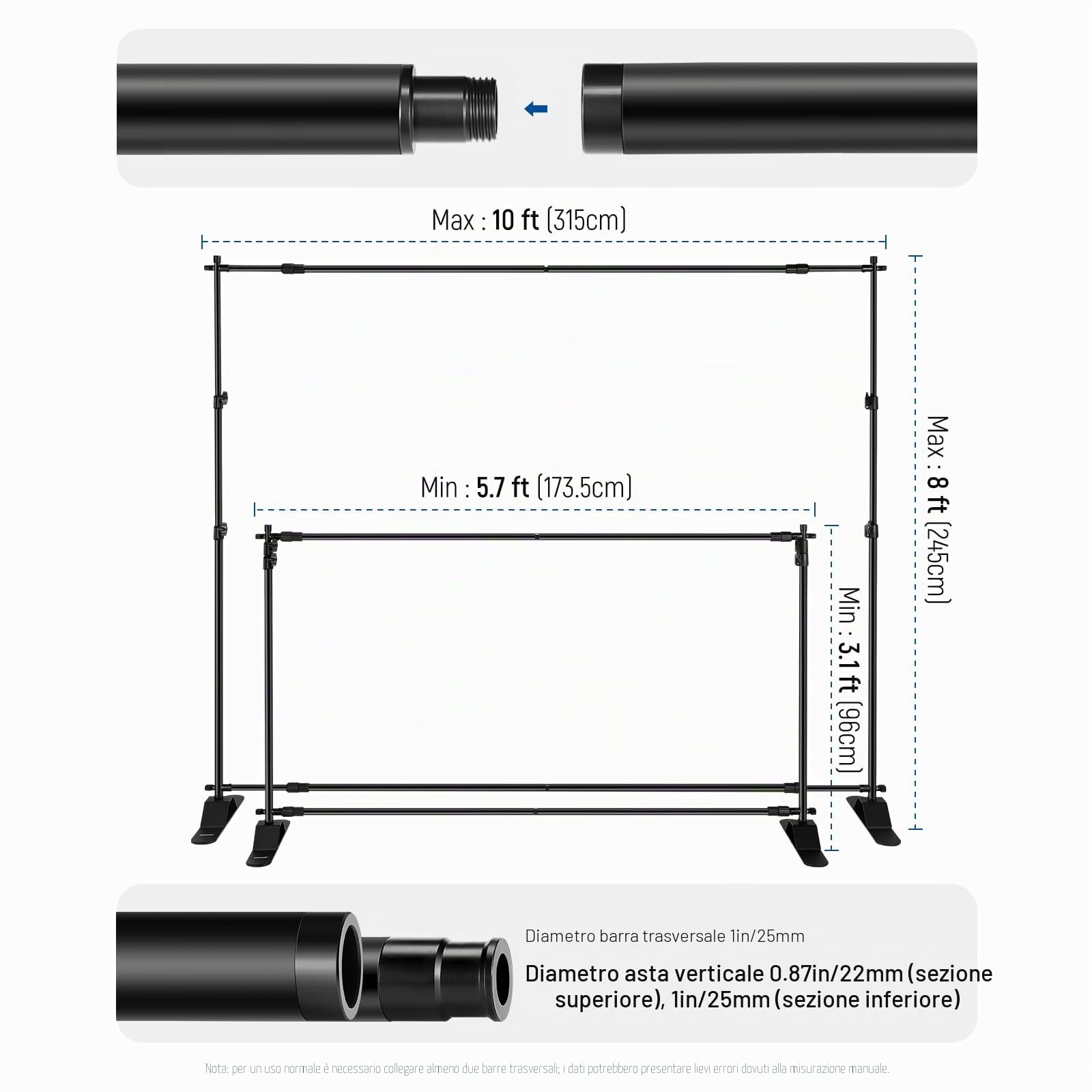 NEEWER Supporto per Fondale Resistente con Basi Allargate, 10x8ft Supporto Sfondo con 4 Traverse, 2 Pali Telescopici, 4 Clip a Molla e Borsa per Servizio Fotografico Studio, Feste, Matrimoni, NK-ST300