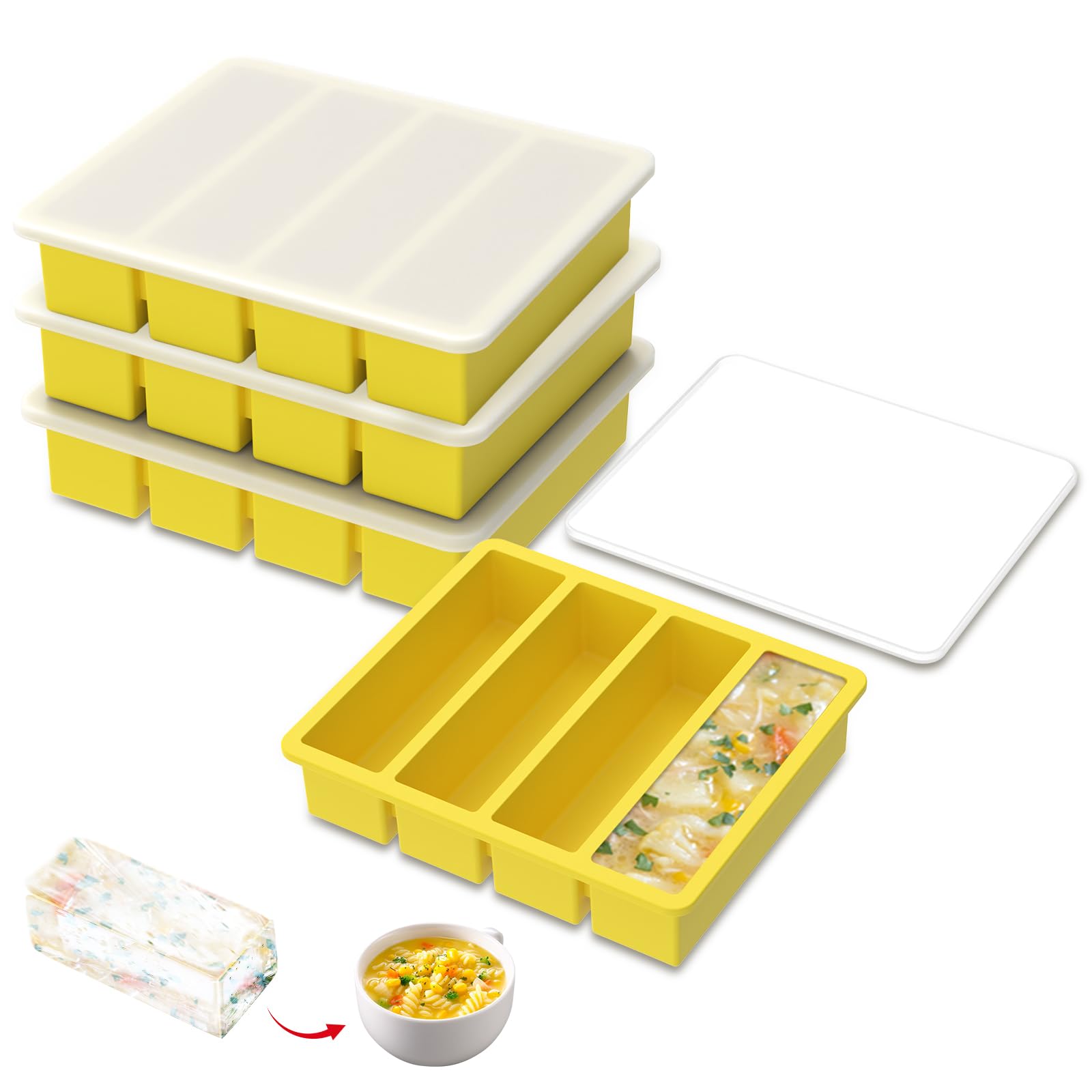 4 Pack Large Silicone Freezer Tray with Lid 4 Cells Flexible Soup Freezer Molds Meal Prep Food Storage Containers Ice Cube Tray for Storing and Freezing Soup, Broth, Sauce and Ice(Yellow)