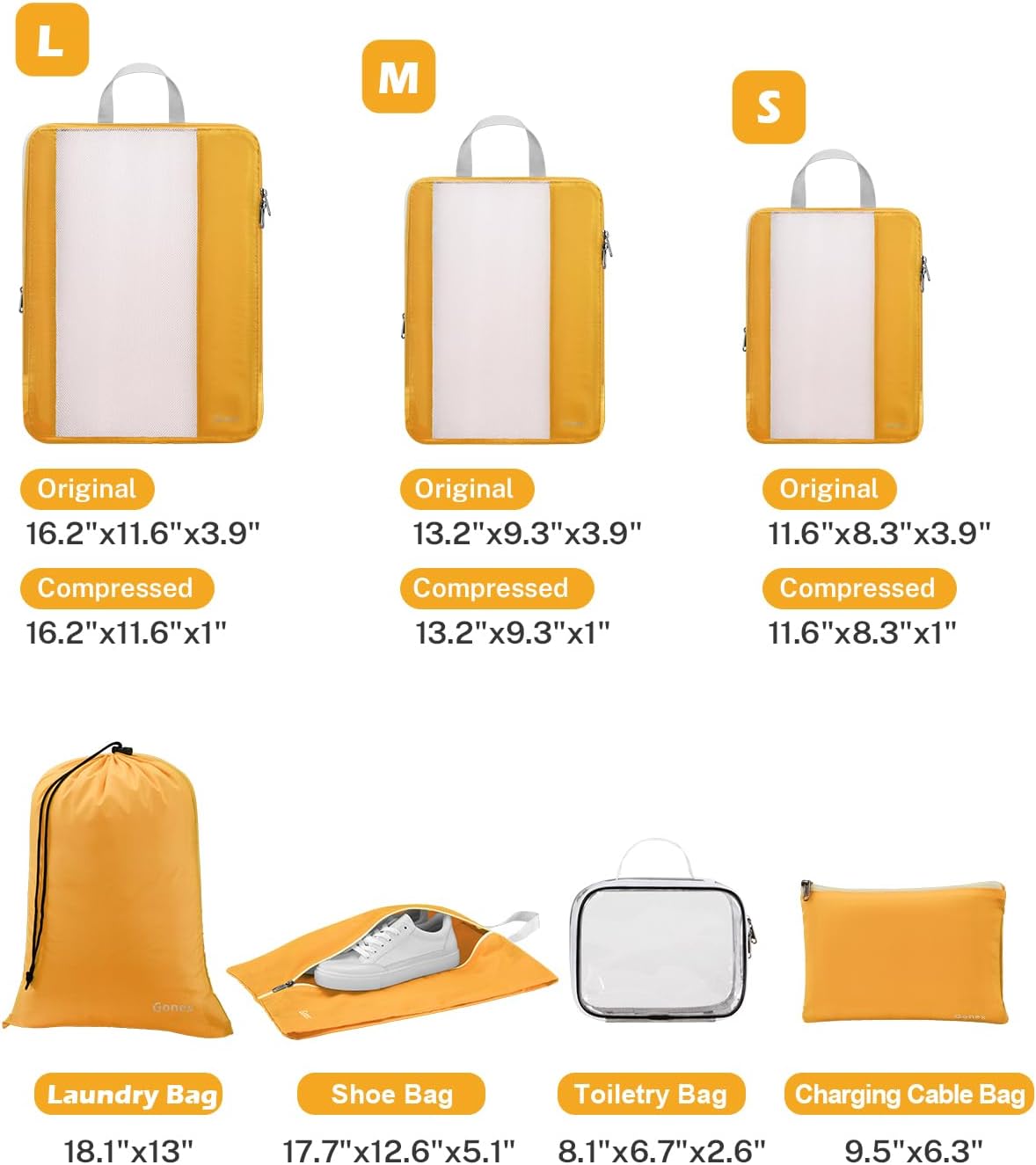 Gonex 8 Set Expandable Mesh Packing Cubes for Travel - Compression Packing Organizers with Toiletry, Laundry, Shoe & Cable Bags - Orange - Image 3