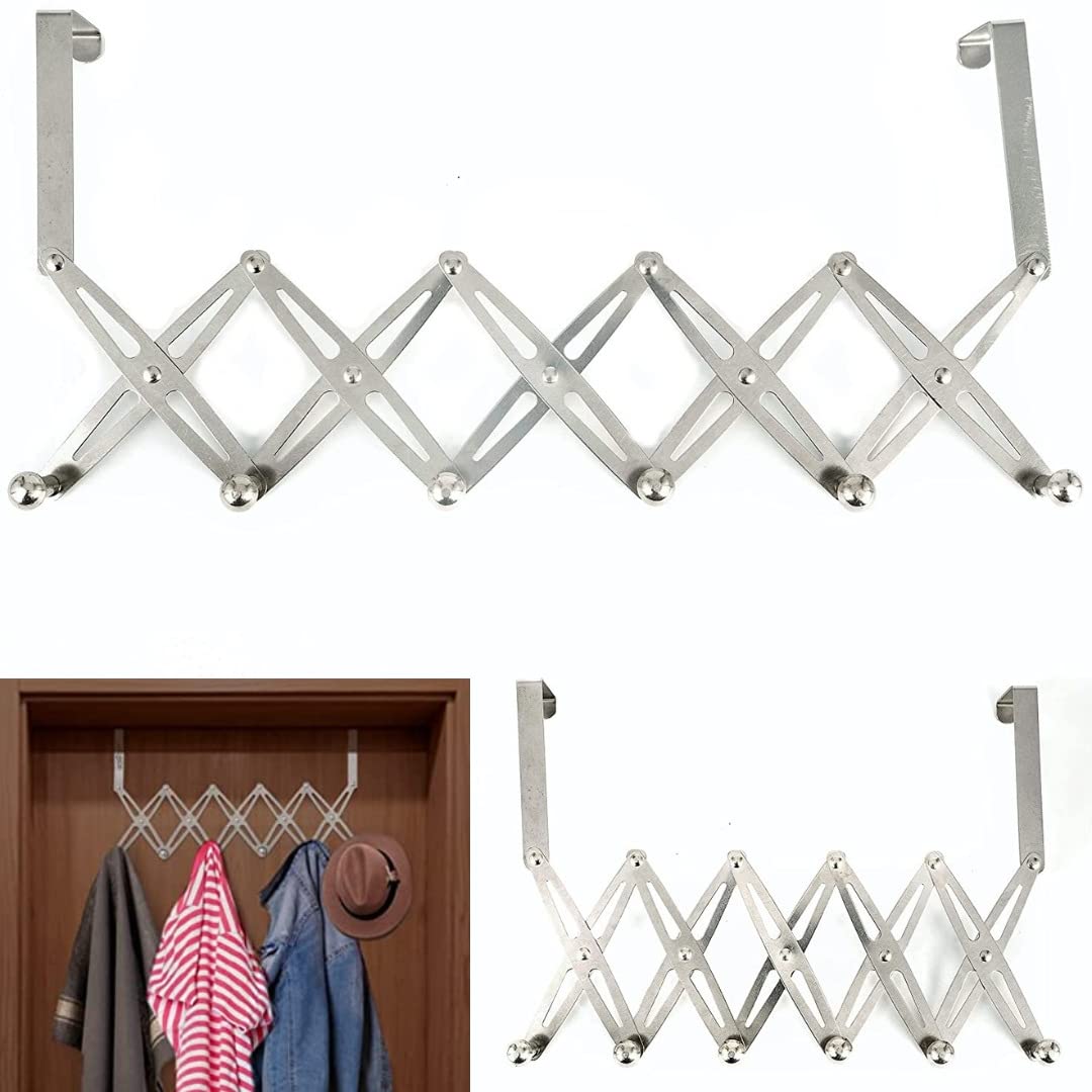 SUNSHINE GLOBAL SOURCE Door Hangers for Clothes,Heavy Duty Stainless Steel Adjustable 6 Hook Hanger, Over The Door Bathroom Hangers for Clothes,Coats,Robes,Hats,Towel Rack Organizer- Pack of 1