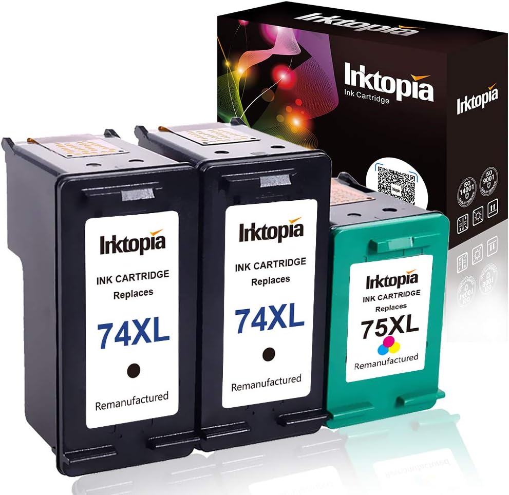 Remanufactured Ink Cartridge Replacement for HP 74XL CB336WN & HP 75XL CB338WN (2 Black & 1 Color, 3-Pack) for HP Photosmart Series Printer