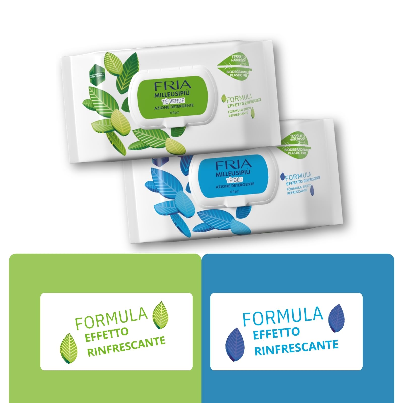 MilleusiPiù Tè Verde & Tè Blu Salviette Multiuso Rinfrescanti Antibatterico Tessuto Fibrasoft 3 Strati Biodegradabile 64 Salviette