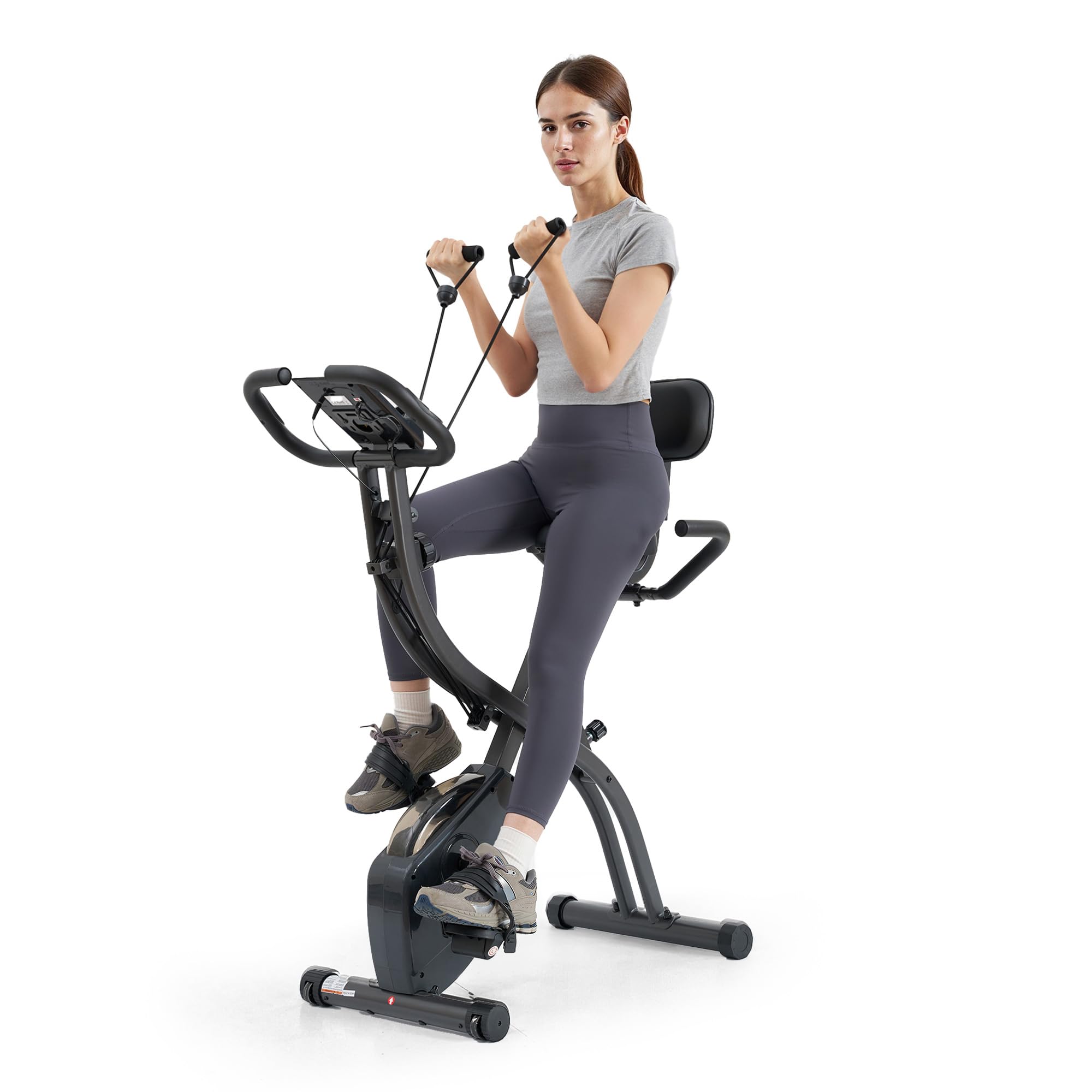 Cyclette pieghevole con resistenza magnetica regolabile a 16 livelli, fasce di resistenza per le braccia, display LCD, schienale, sella ampia, capacità di carico fino a 136 kg