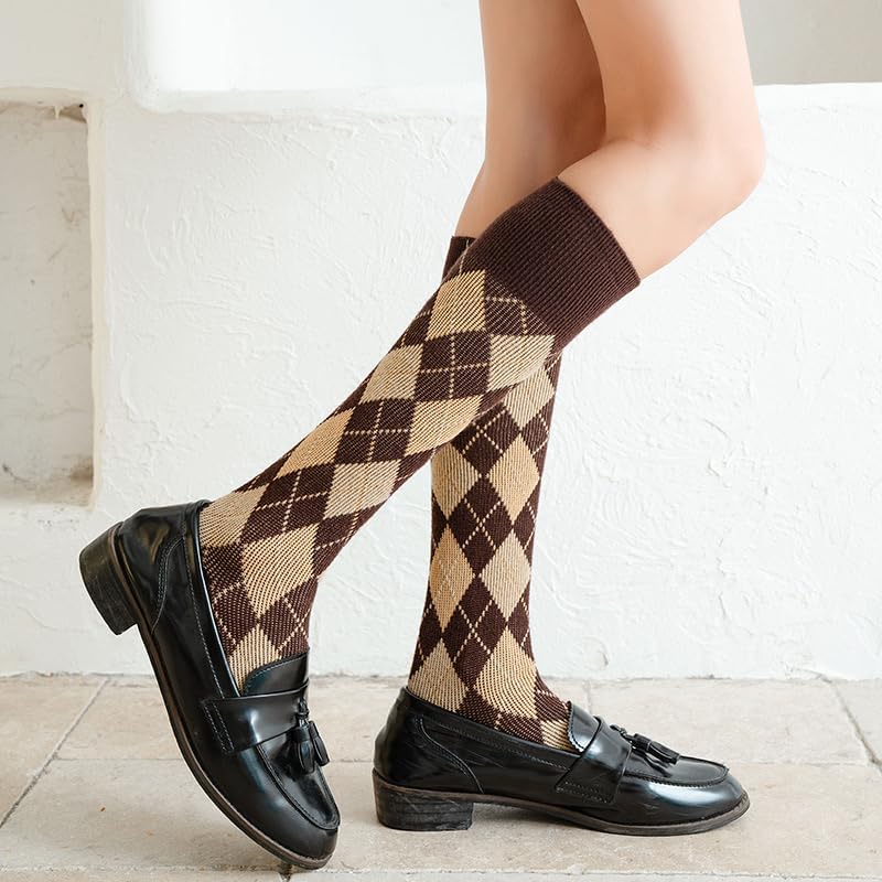 RosyClouds Womens Girls Knee High Socks Green Black Navy Blue Khaki Coffee Vintage Argyle Novelty Socks - Image 6