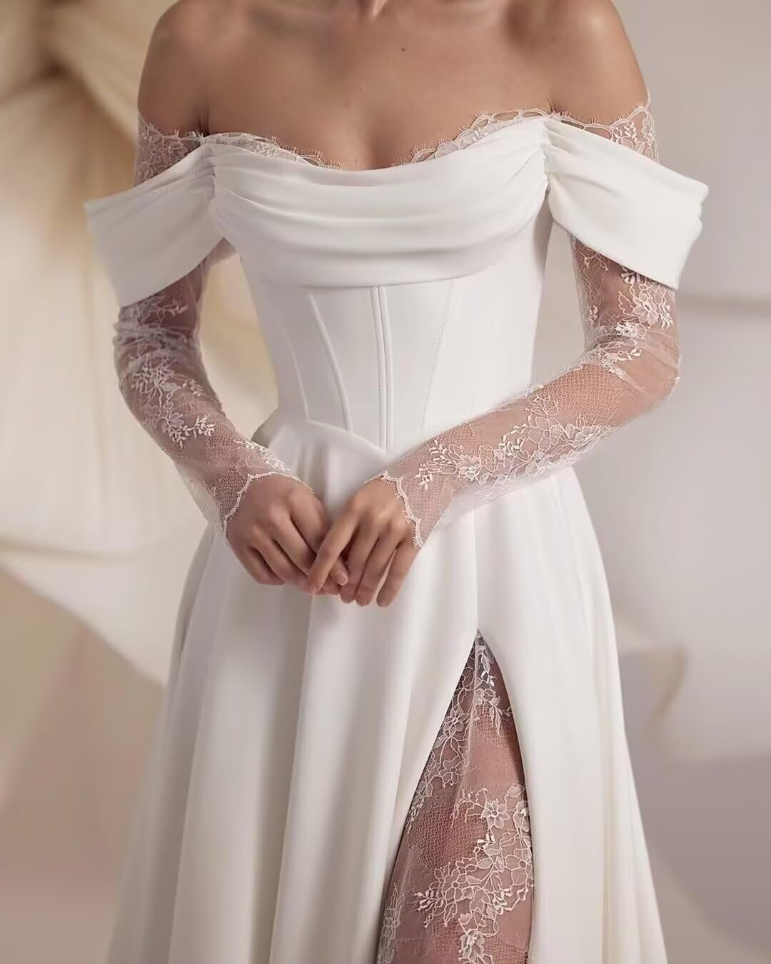 Damen Brautkleider mit Spitze Lang Boho Beach Brautkleid mit Schlitz Elegant A-Linie hochzeitskleid