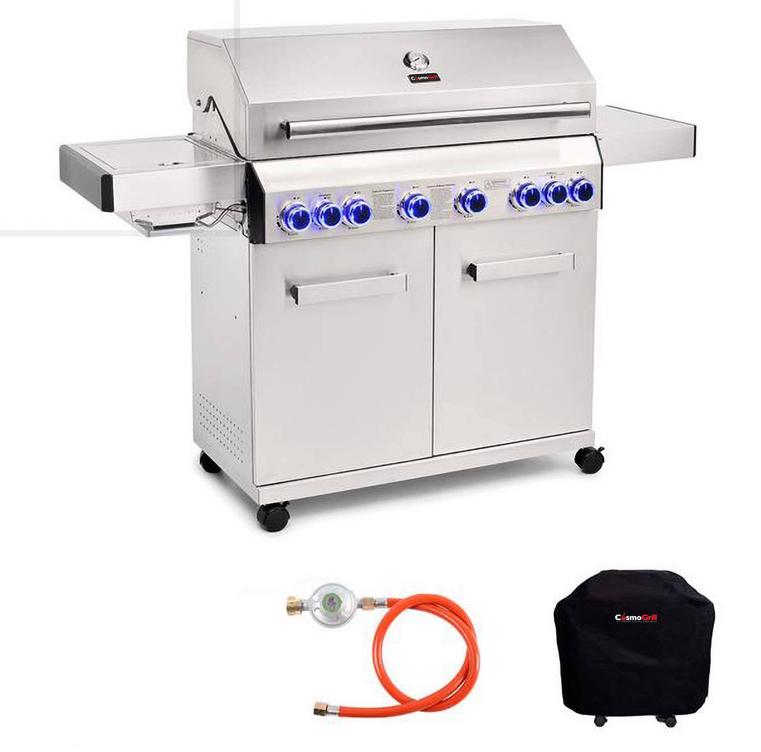 CosmoGrill Platinum Stainless Steel 8 Burner 6+2 Gas Barbecue Grill with Waterproof Cover, Premium Outdoor Garden Gas BBQ with Spacious Cooking Area