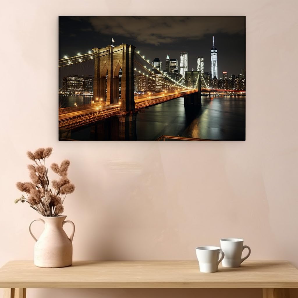 Canvas for Living room. Illuminating the Darkness � A Nighttime Display of the Brooklyn Bridge and Manhattan Skyline, 27 x 18 inch Canvas Wall Art - Ready to Hang