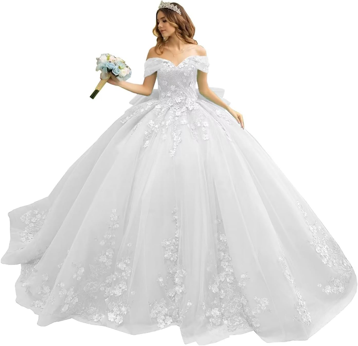 Fuomomo Women's White 3D Floral Quinceanera Dress Sweet 16 Dresses Puffy Tulle Sparkly Off Shoulder Lace Prom Dress Mt025