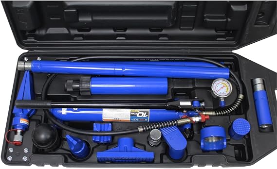 K Tool International XD63709 10 Ton Professional Body Repair Ram Kit for Garages, Repair Shops, and DIY, 20,000 lbs. Capacity, 8,050 PSI, Automatic Pump Overload, 1/2 Ton Spreader, Molded Case, Blue