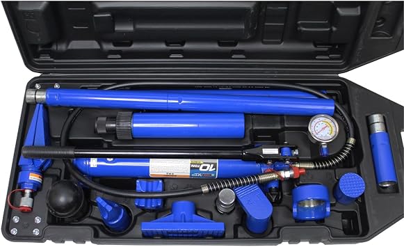 K Tool International XD63709 10 Ton Professional Body Repair Ram Kit for Garages, Repair Shops, and DIY, 20,000 lbs. Capacity, 8,050 PSI, Automatic Pump Overload, 1/2 Ton Spreader, Molded Case, Blue