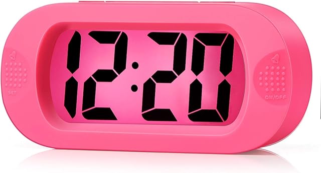 Plumeet Digital Alarm Clock Travel Clock with Snooze and Nightlight - Easy to Set Simple Bedside Alarm Clocks for Kids - Ascending Sound - Battery Powered (Pink)